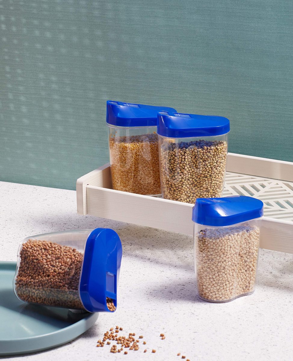 Amazon Brand - Solimo Amazon Brand Grocery Jar with Spout, 475 ml, Set of 4, Blue