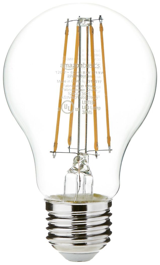 AmazonBasics 60 Watt Equivalent, Clear, Soft White, Non-Dimmable, 15,000 Hour Lifetime, A19 LED Light Bulb | 6-Pack