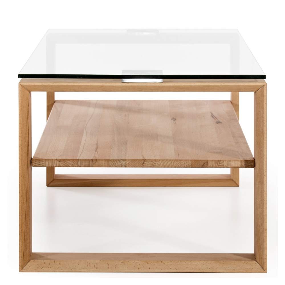 Amazon Brand - Alkove Hayes Solid Wood 1-Shelf Coffee Table with Glass Table Top, 100 x 60 x 48cm, Glass/Core Beech