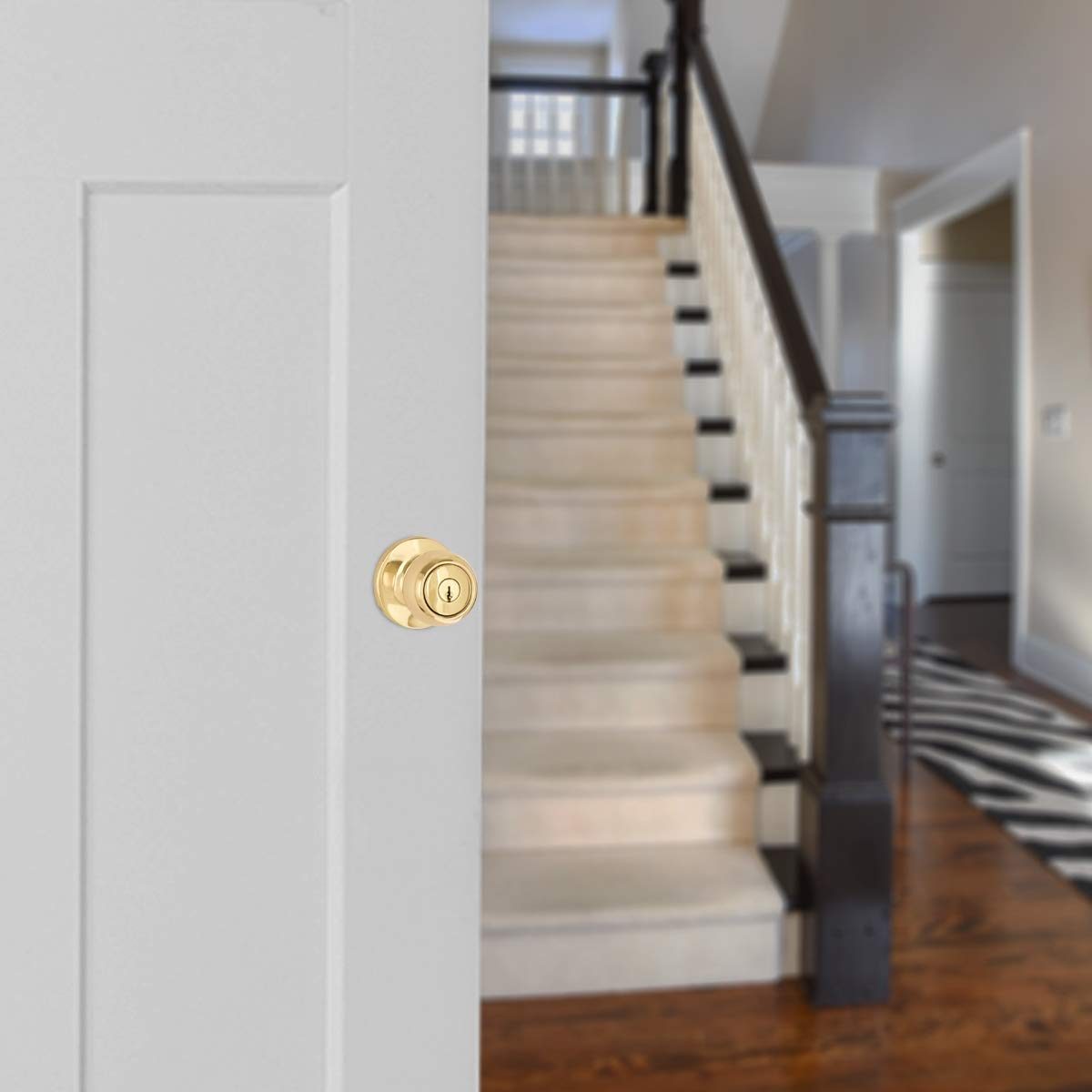 AmazonBasics Exterior Door Knob With Lock, Coastal, Polished Brass