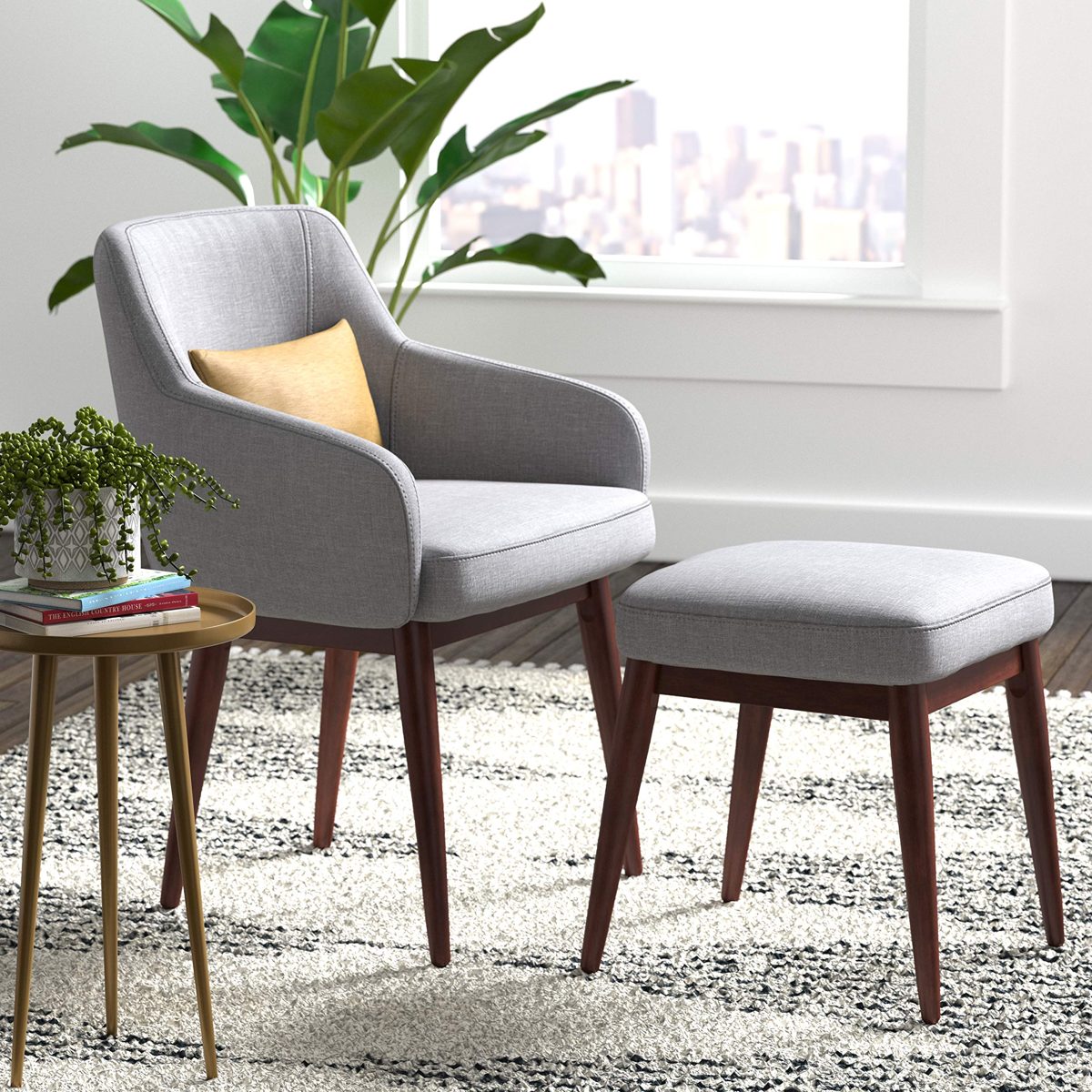 AmazonBasics Modern Curved Back Accent Chair with Ottoman, Grey