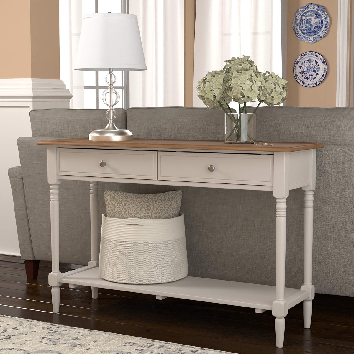 Amazon Brand – Ravenna Home Amber Rustic Farmhouse White Storage Console Table, 48"W, Natural and White