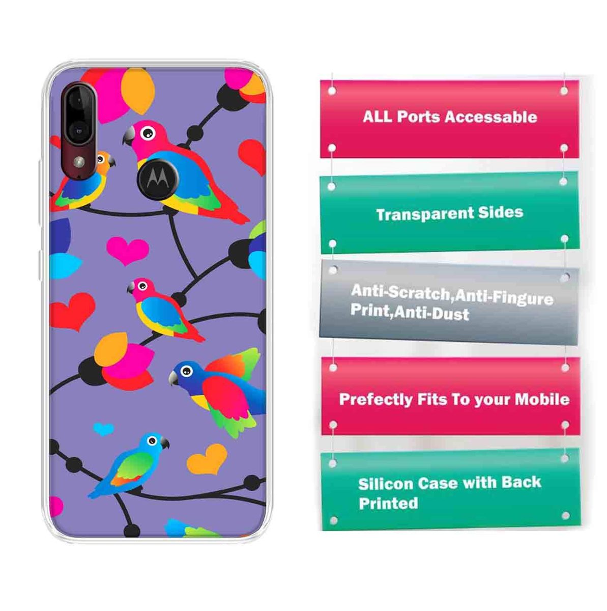 Amazon Brand - Solimo Designer Multicolor Flycatchers Birds Violet Patterns Design Printed Soft Back Case Mobile Cover for Motorola Moto E6s / Motorola Moto E6 Plus
