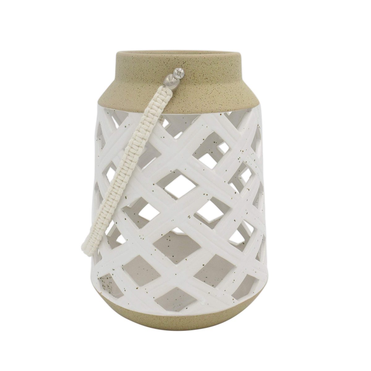 Amazon Brand – Stone & Beam Modern Decorative Stoneware Container with Strap, 10.43"H, Beige and White