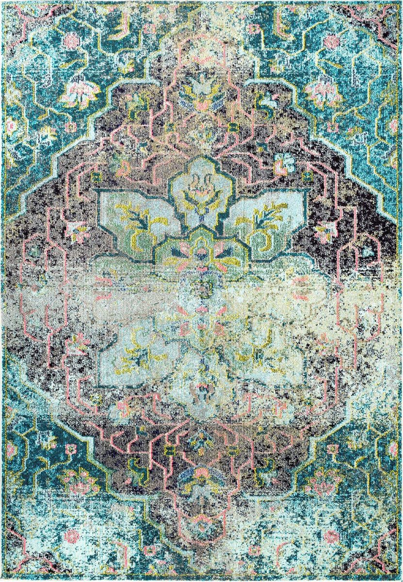 Amazon Brand – Rivet Distressed Floral Medallion Rug, 5'3" x 7'7", Aqua