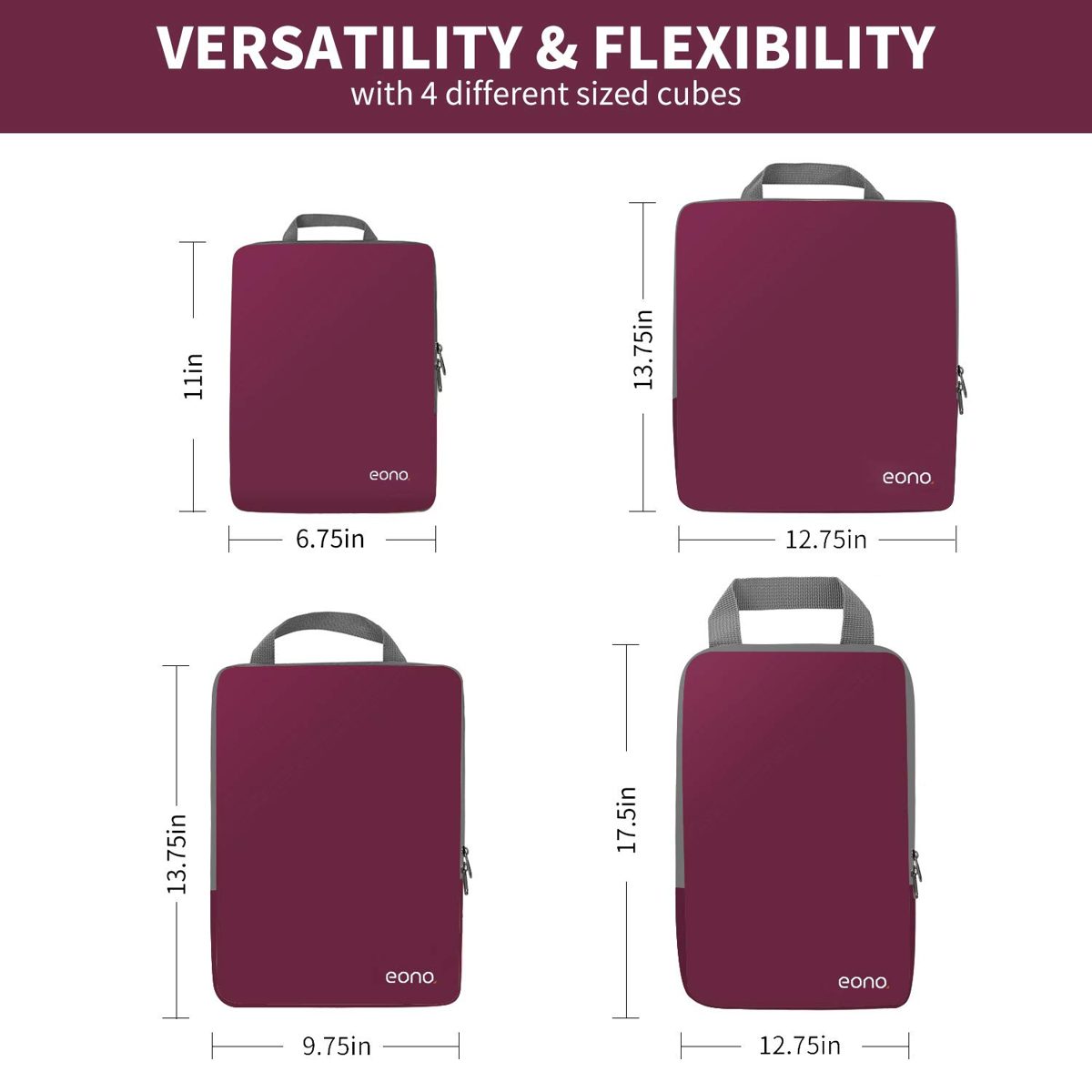 Eono by Amazon - Compression Packing Cubes, Travel Luggage Organiser Set, Travel Cubes, Extensible Organizer Bags for Travel Suitcase Organization, Burgundy, 4 Set