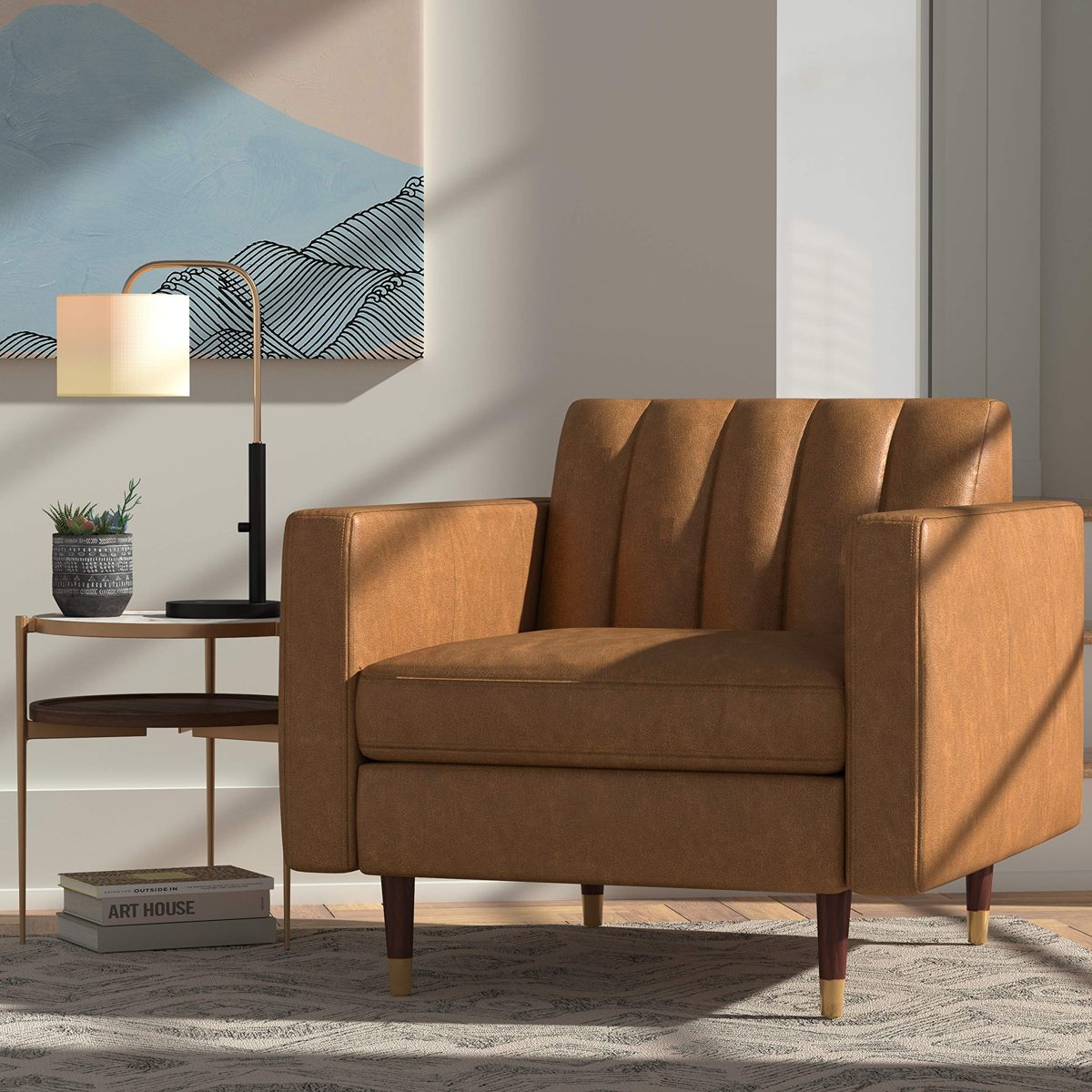 Amazon Brand – Rivet Damien Mid-Century Modern Channel-Backed Living Room Chair, 35"W, Leather, Cognac