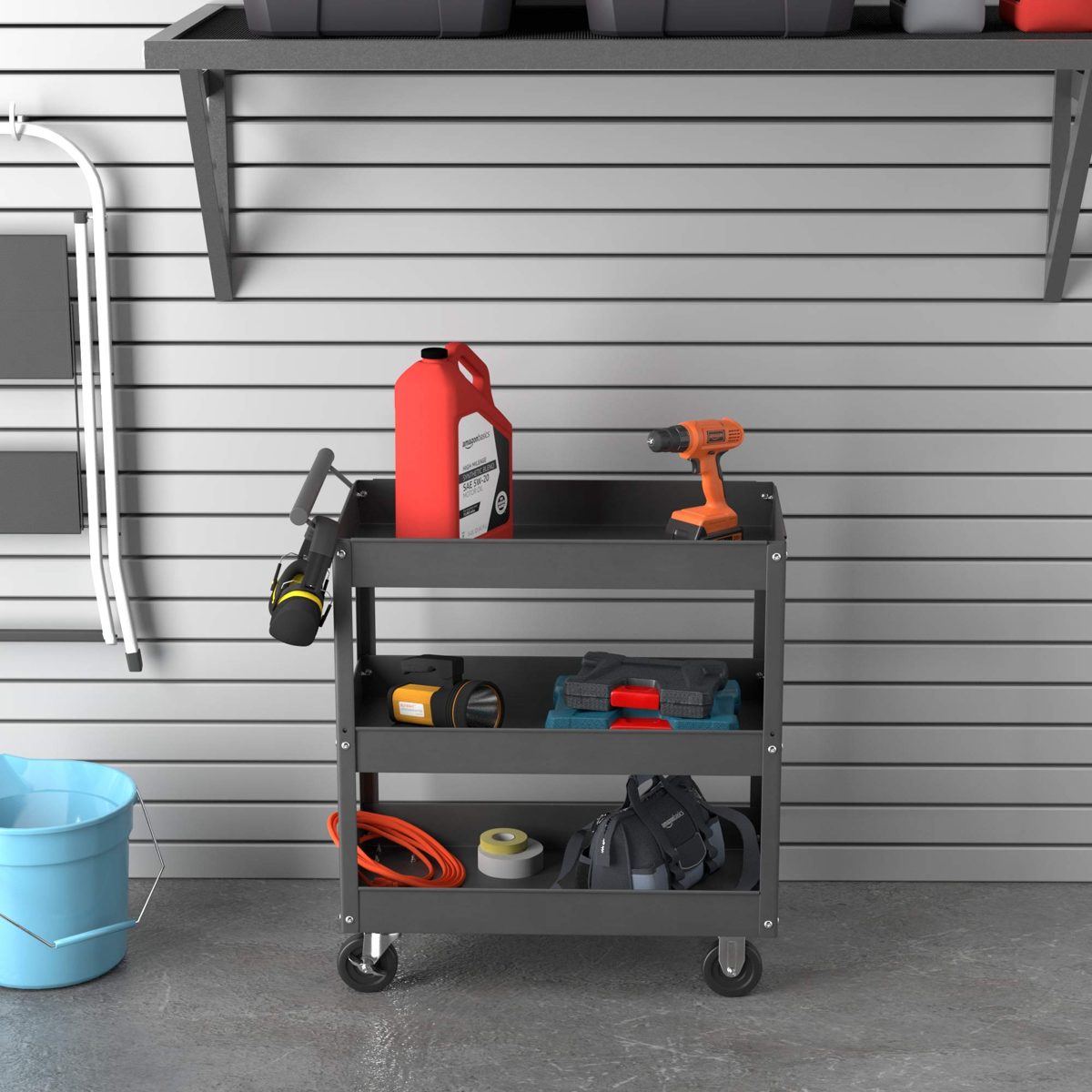 AmazonBasics Steel 3-Shelf Multipurpose Tub Utility/Supply Cart with 550-Pound capacity - Black