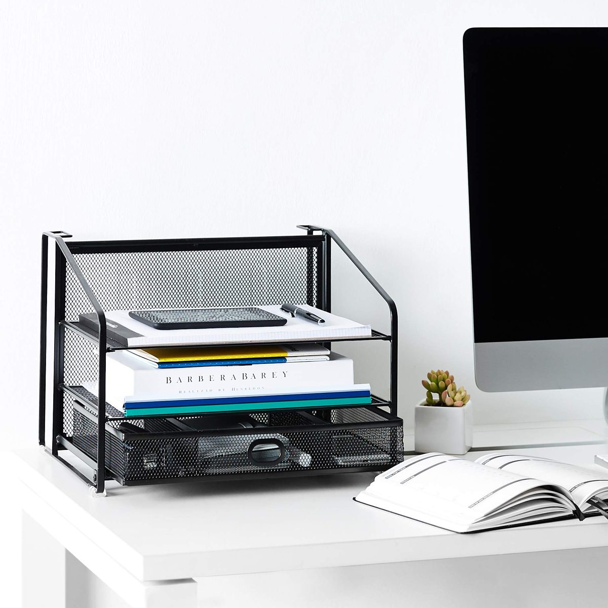 AmazonBasics 3 Tray Desk Organizer with Sliding Drawer and Hanging File Holder, Black
