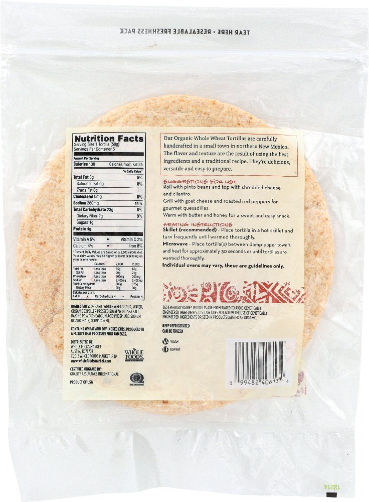 365 Everyday Value, Organic Whole Wheat Flour Tortillas, 6 ct