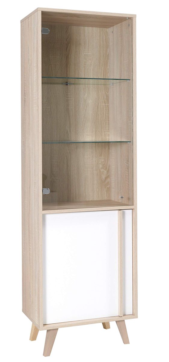 Amazon Brand - Movian Moselle 1-Door Display Cabinet with 5 Shelves, 57 x 185 x 40cm, Light Brown Oak-Effect/White