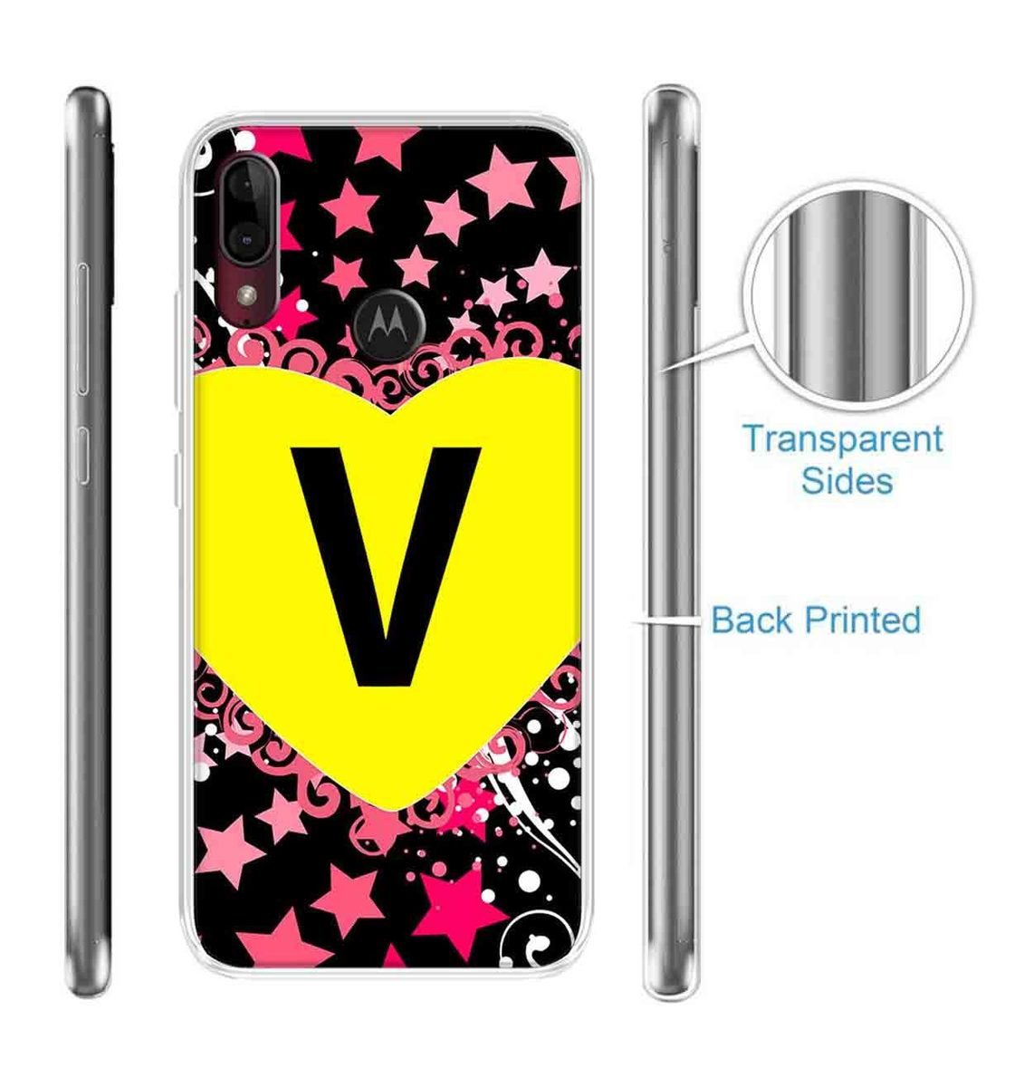 Amazon Brand - Solimo Designer Multicolor Heart Pattern Alphabet-V Printed Soft Back Case Mobile Cover for Motorola Moto E6s / Motorola Moto E6 Plus