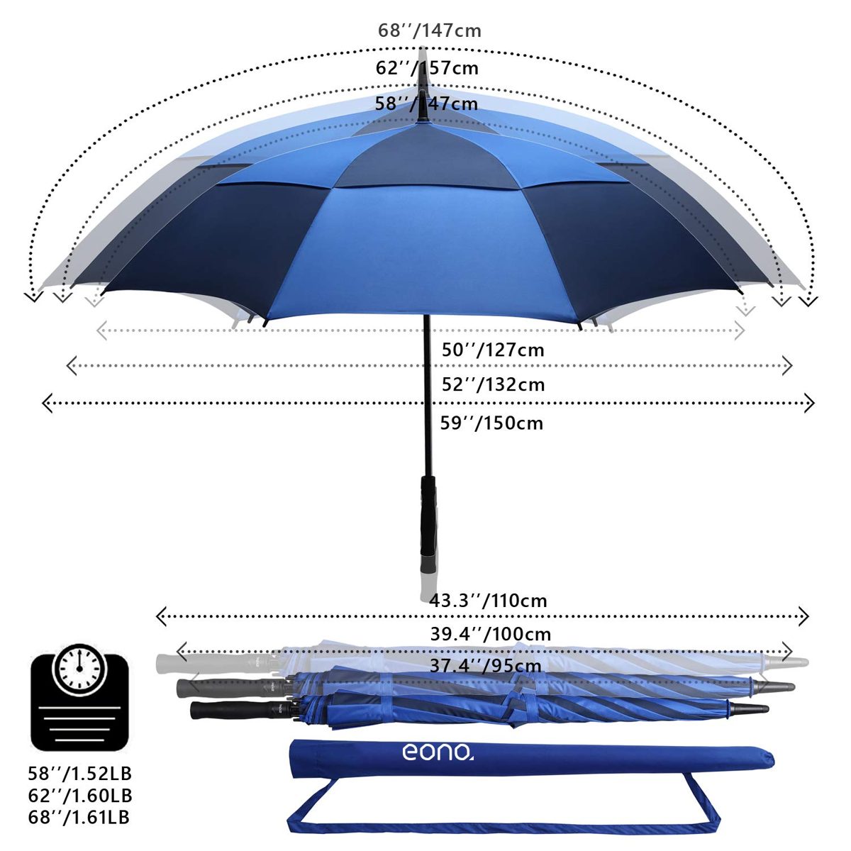 Eono by Amazon - Golf Umbrella 62 Inch Large Oversize Double Canopy Vented Windproof Waterproof Automatic Open Stick Umbrellas for Men and Women Navy/Royal Blue
