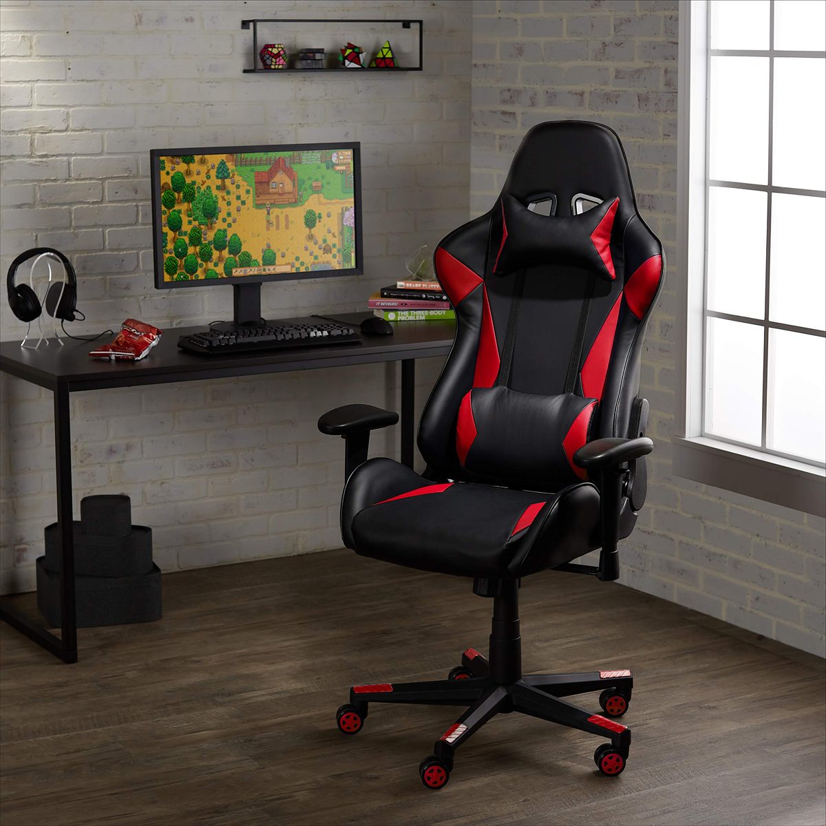 AmazonBasics Gaming/Racing Style Office Chair with Removable Headrest and High Back Cushion - Red