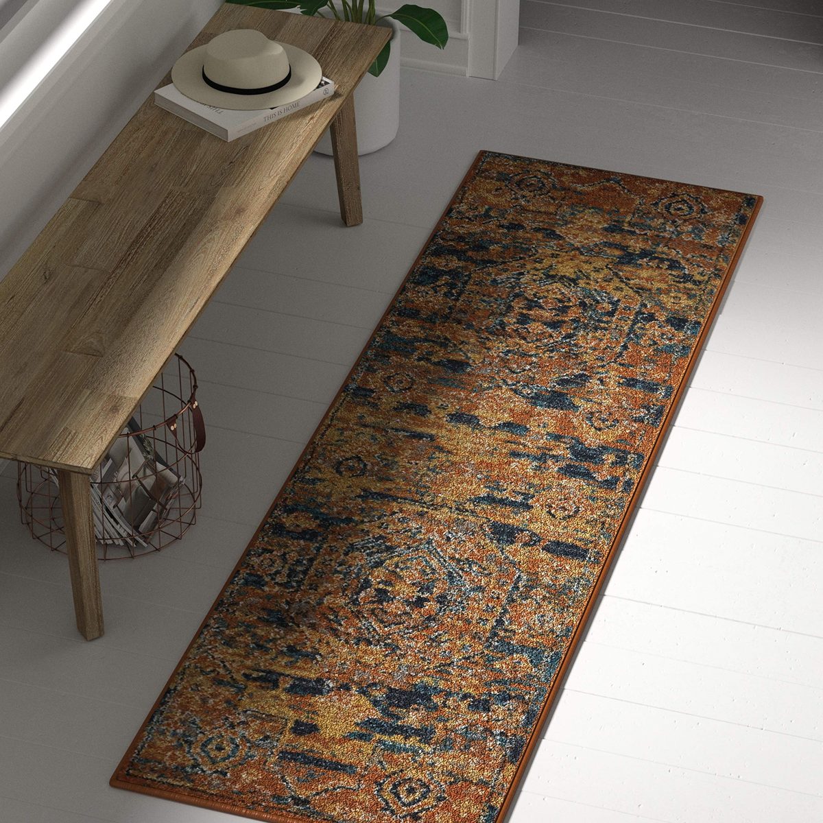 Amazon Brand – Stone & Beam Old World Runner Rug, 2' 2" x 7' 6", Blue and Orange