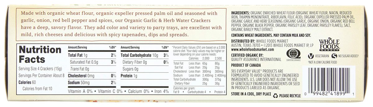 365 Water Crackers, Organic, Herb & Garlic, 4.4 oz