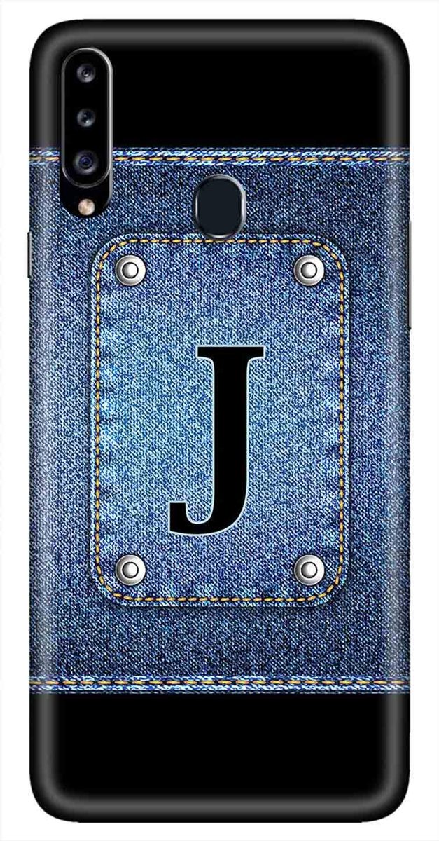 Amazon Brand - Solimo Designer Button Jeans Alphabet-J 3D Printed Hard Back Case Mobile Cover for Samsung Galaxy A20s