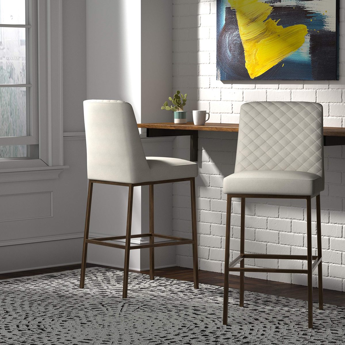 Amazon Brand – Rivet Vermont Modern Diamond-Stitched Kitchen Counter Bar Stool, 42"H, Chalk White and Brass