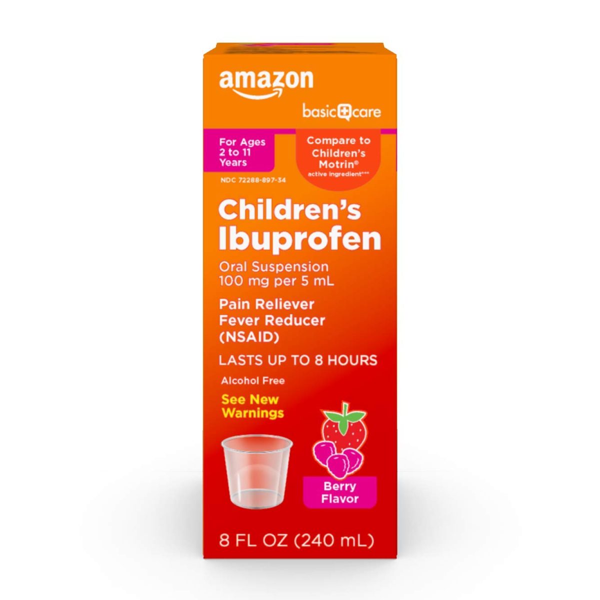Basic Care Children's Ibuprofen Oral Suspension 100 mg per 5 mL (NSAID), Pain Reliever and Fever Reducer, Berry Flavor, 8 Fluid Ounces