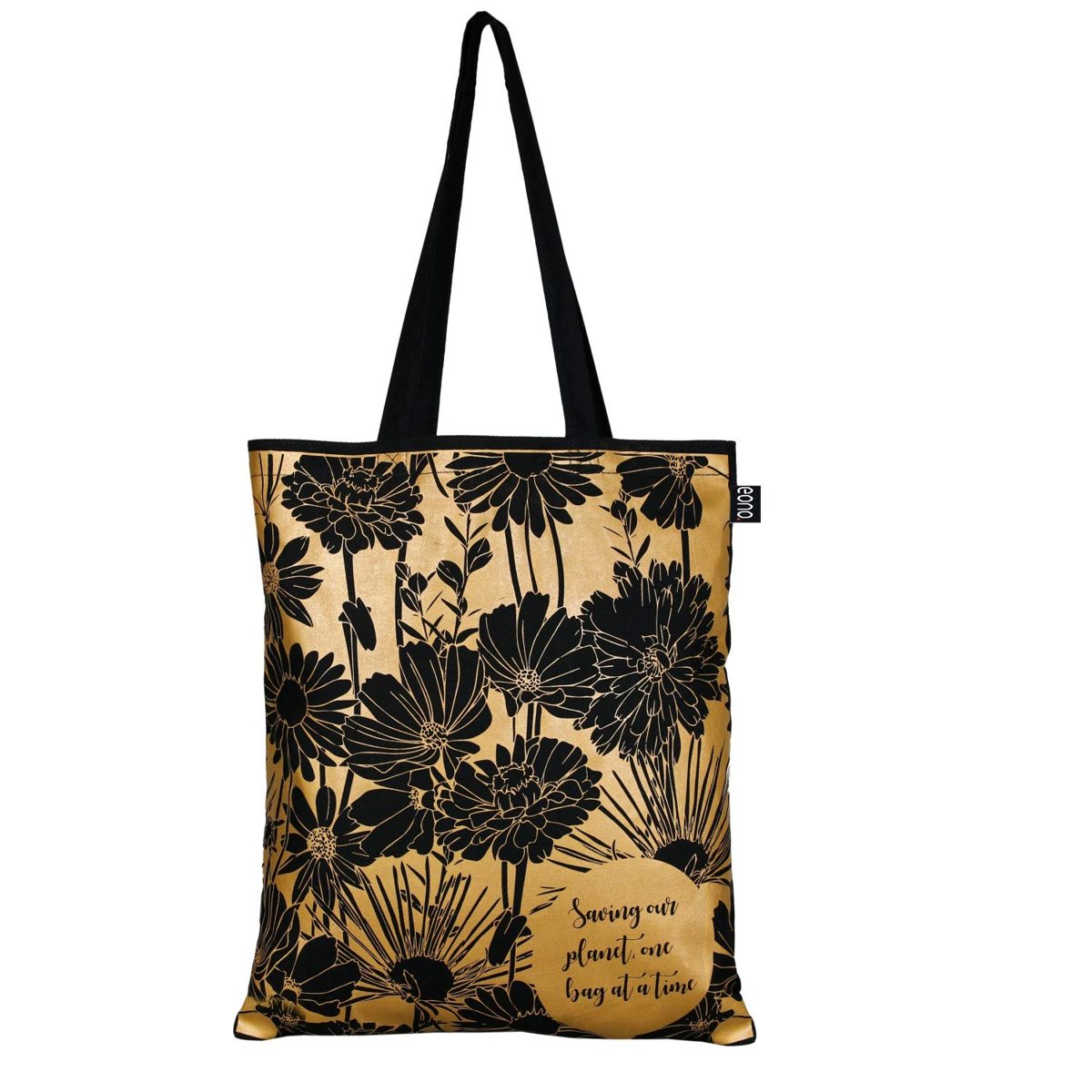 EONO Cotton Canvas Tote Bag Reusable Shopping Bag Grocery Shoulder Bags Eco-friendly Gifts for Women, Kids, Girls Handbags Printed Flowers - Black 0102A05