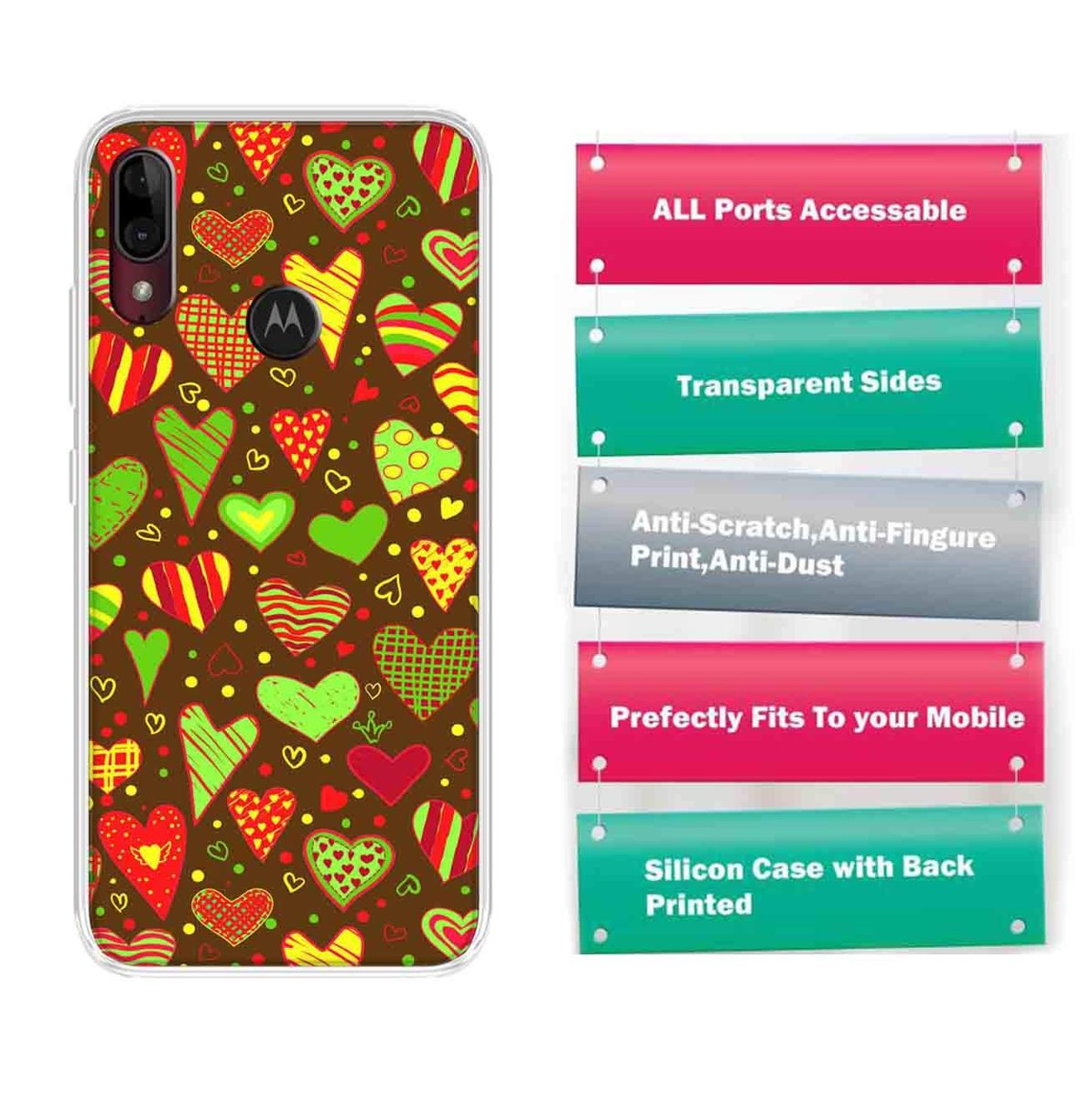 Amazon Brand - Solimo Designer Multicolor Heart Clip Art Brown Pattern Design Printed Soft Back Case Mobile Cover for Motorola Moto E6s / Motorola Moto E6 Plus