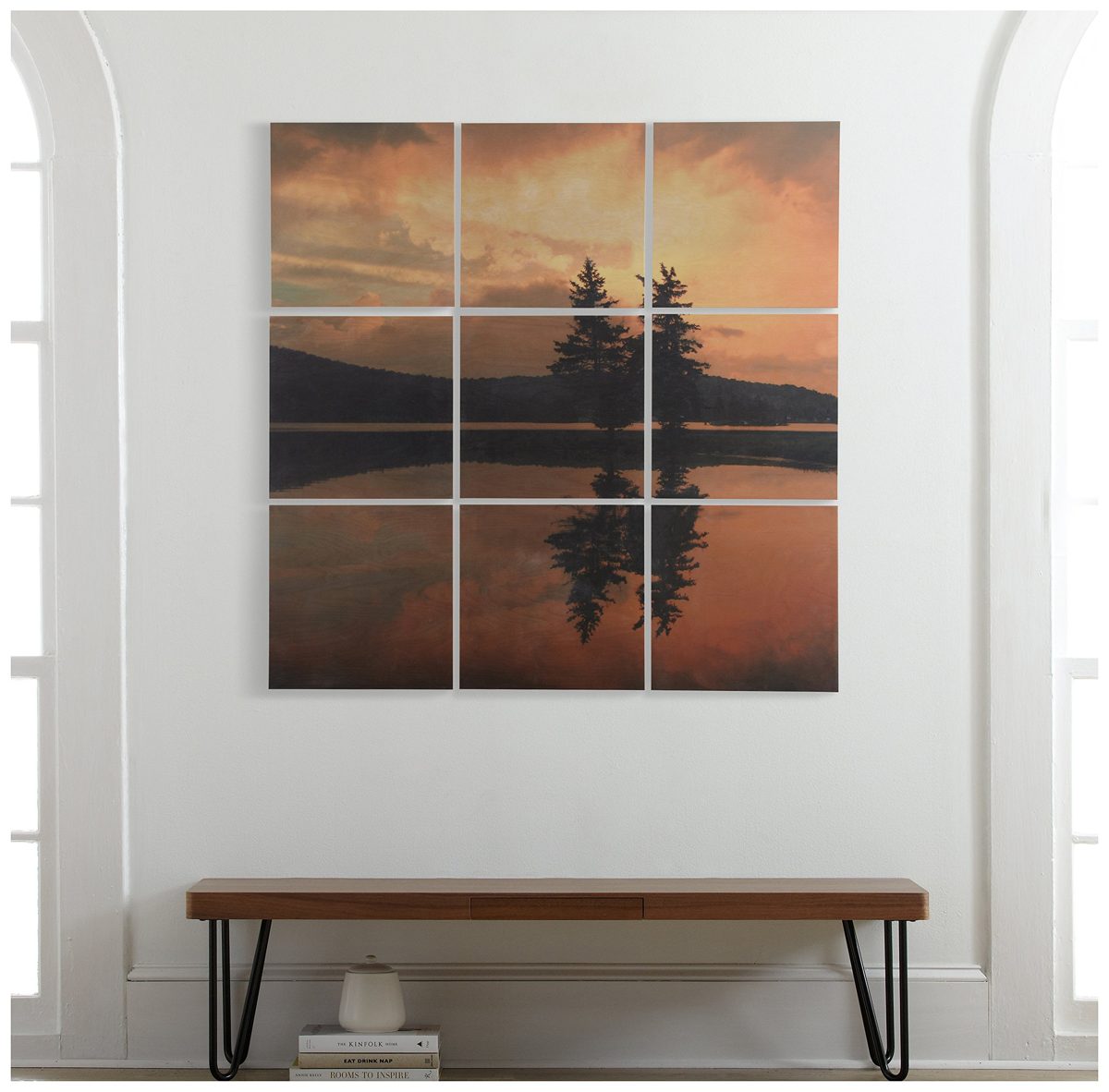 Amazon Brand – Stone & Beam Modern 9-Piece Photo Mural of Lakeside Sunset Wall Art on Wood, 48" x 48"