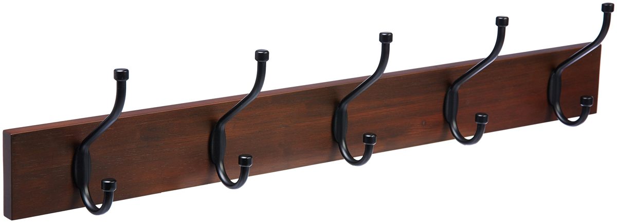 AmazonBasics Wall-Mounted Farmhouse Coat Rack, 5 Standard Hooks, Light Walnut