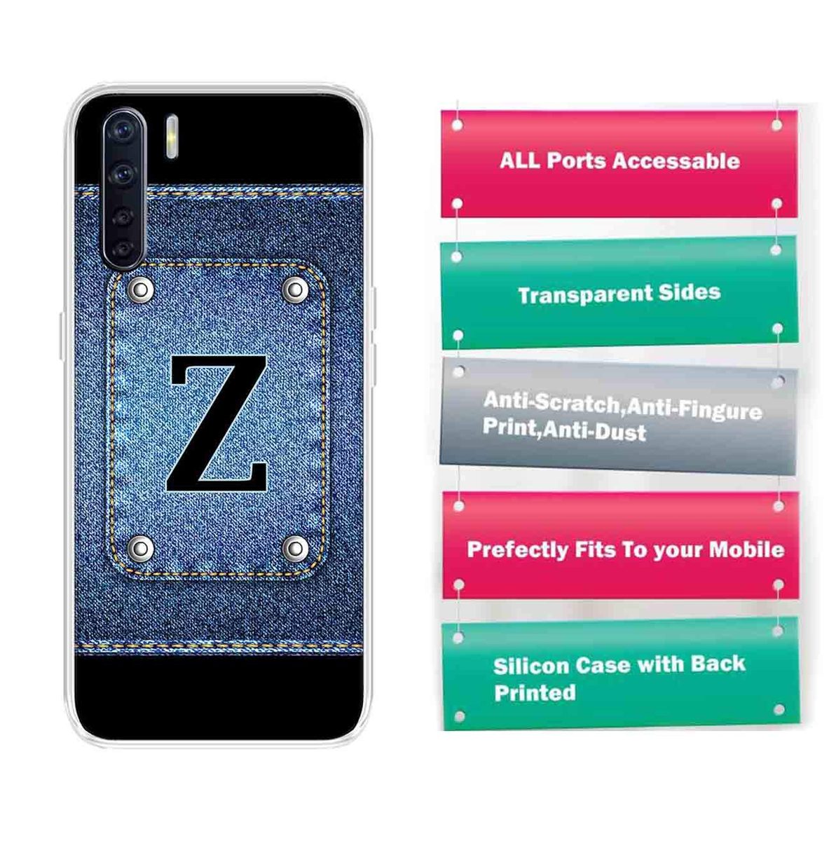 Amazon Brand - Solimo Designer Multicolor Button Jeans Alphabet-Z Printed Soft Back Case Mobile Cover for Oppo F15