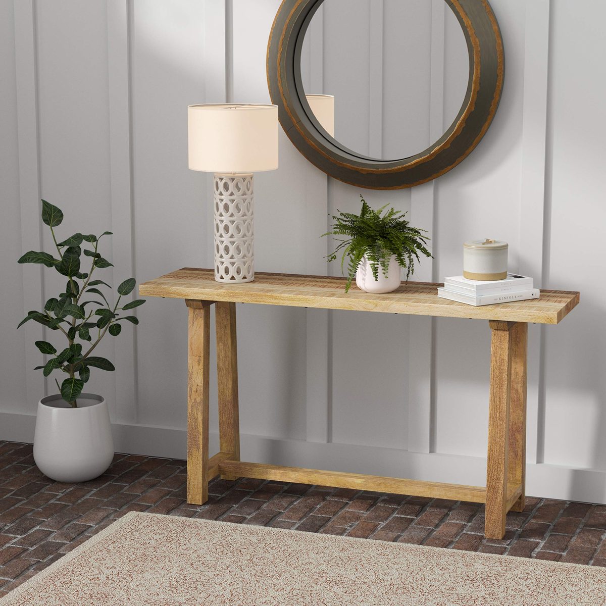 Amazon Brand – Stone & Beam Industrial Table with Trestle-Style Base, 60.04"W, Solid Honey-Finished Mango Wood