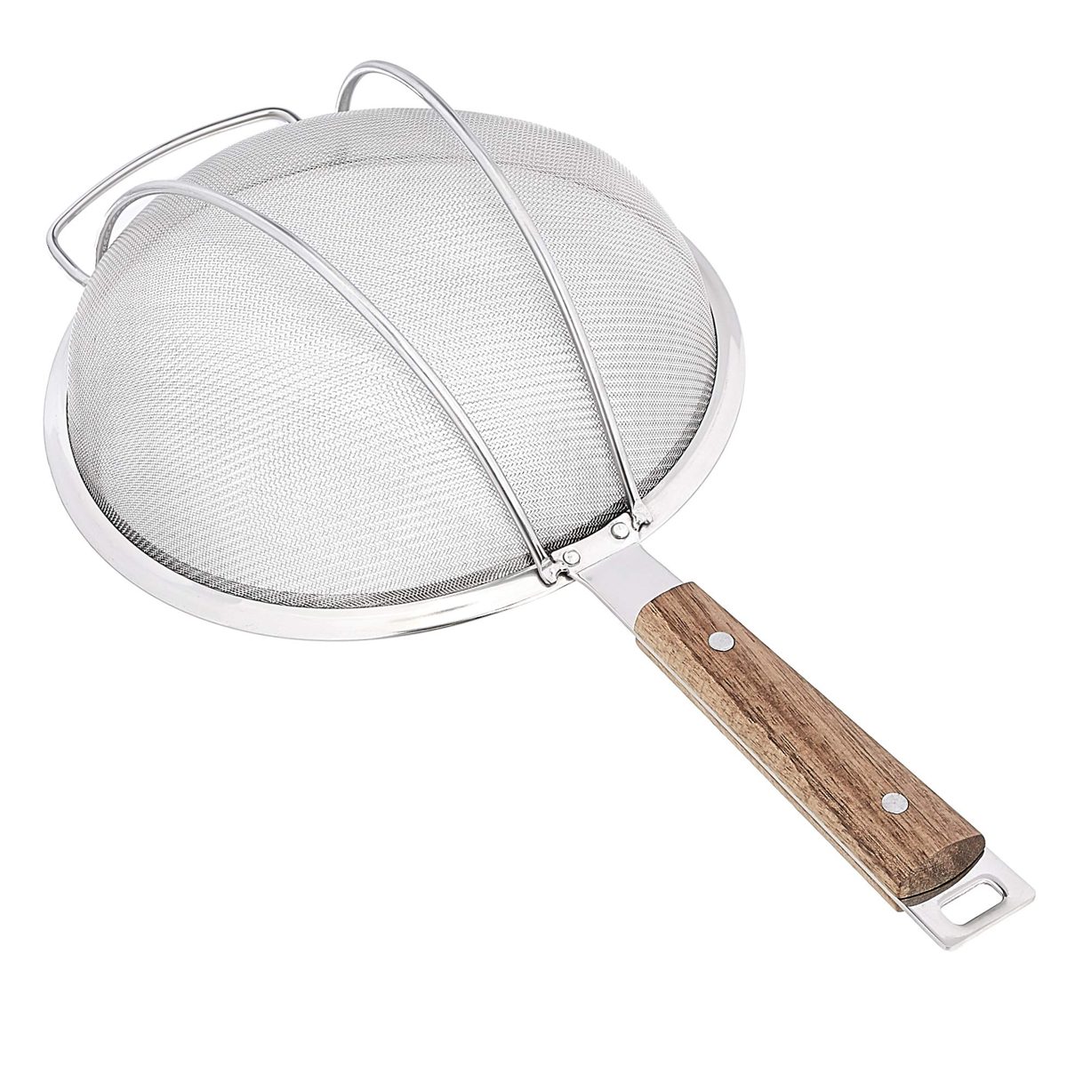 AmazonCommercial Stainless Steel Double Fine Mesh Strainer, Acacia Handle, 9.75 Inch
