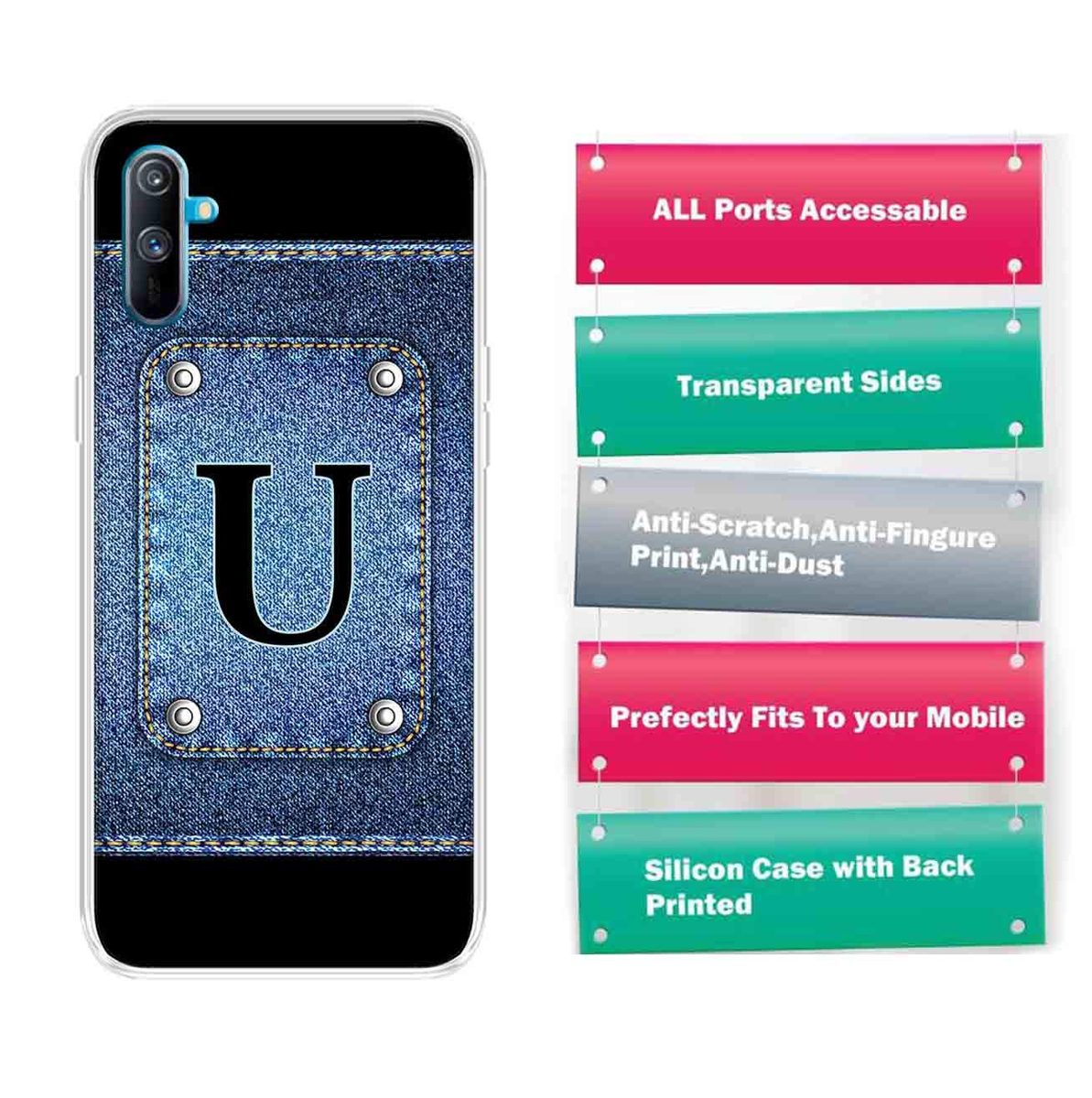 Amazon Brand - Solimo Designer Multicolor Button Jeans Alphabet-U Printed Soft Back Case Mobile Cover for Realme C3