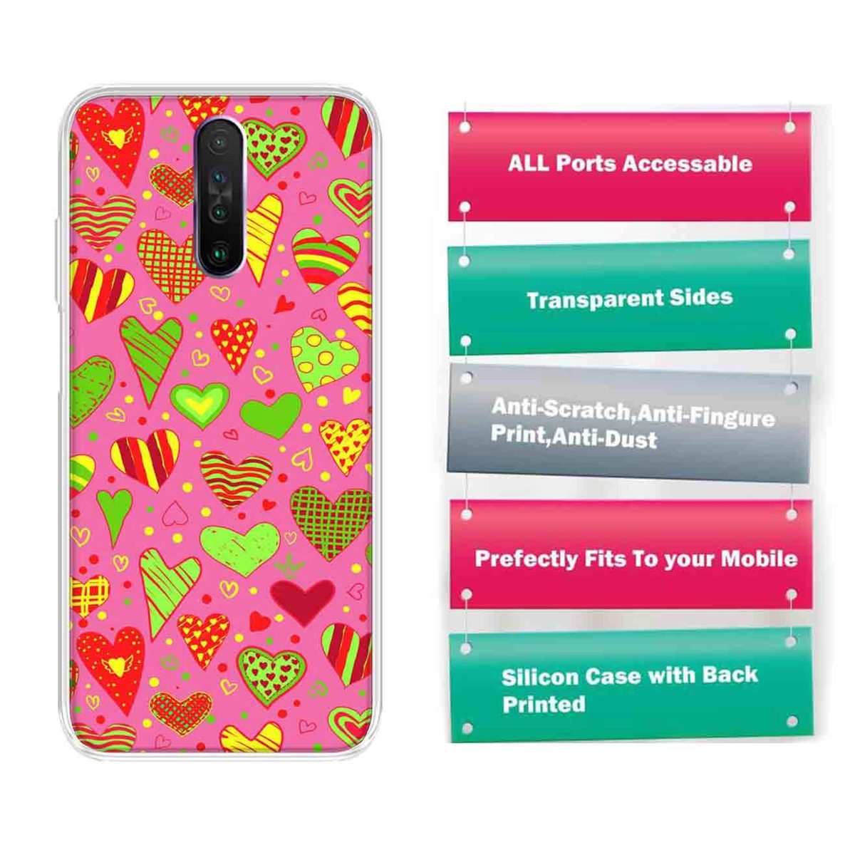 Amazon Brand - Solimo Designer Multicolor Heart Clip Art Pink Pattern Design Printed Soft Back Case Mobile Cover for Poco X2 / Xiaomi Redmi K30