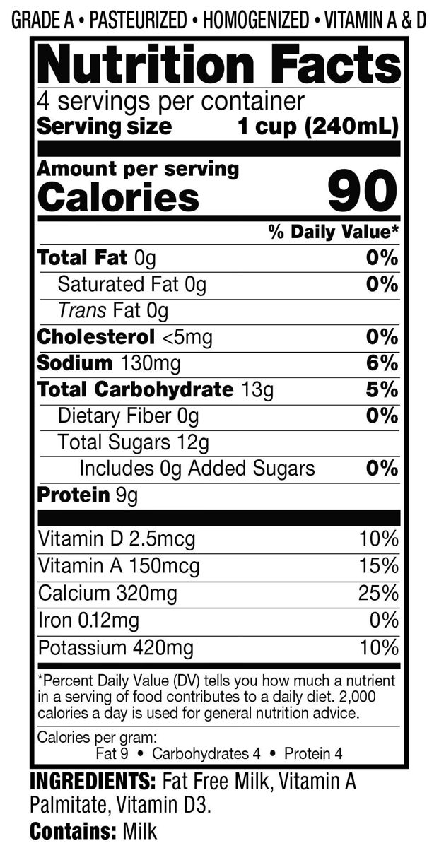 Producers Fat Free Milk, 32 oz., Pasteurized