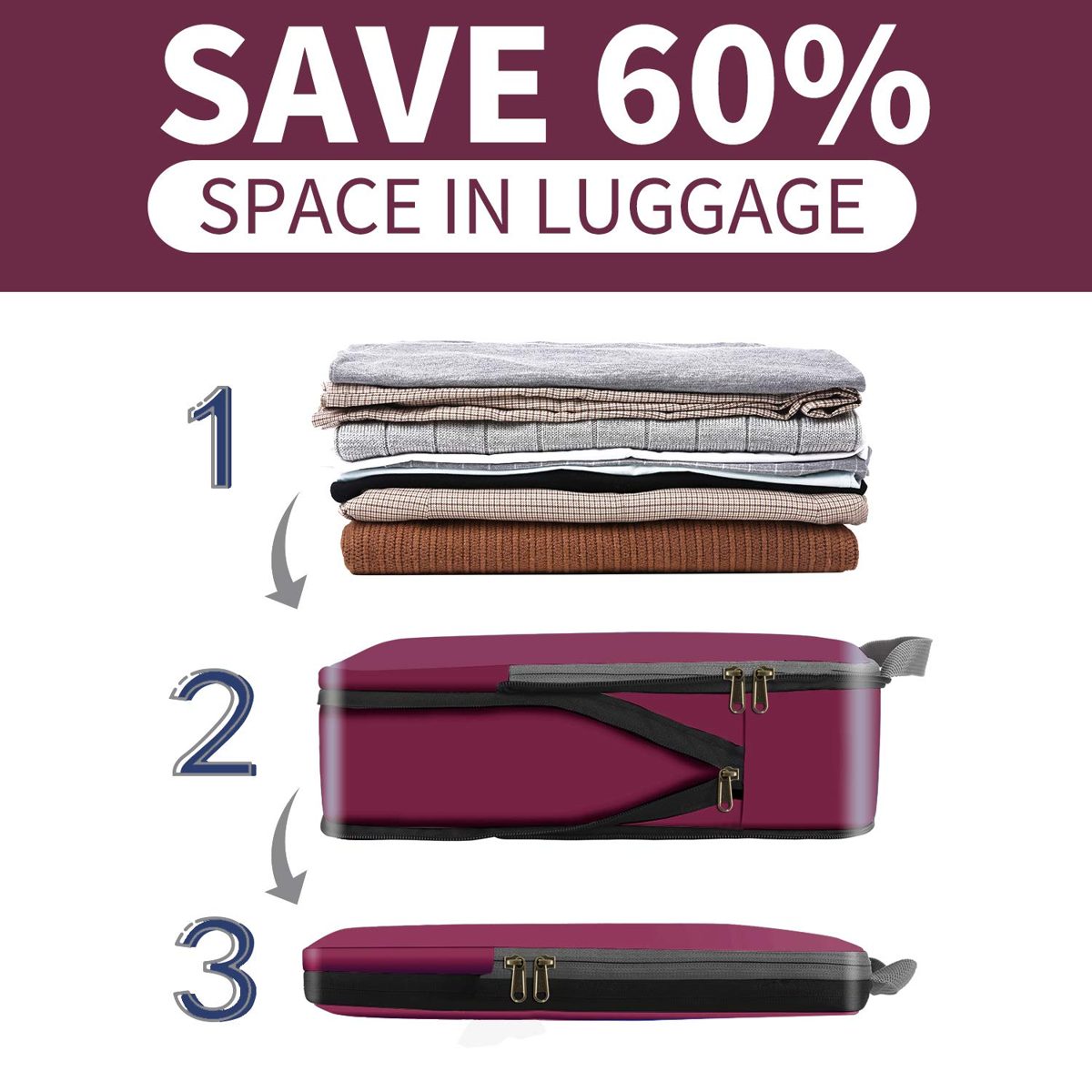 Eono by Amazon - Compression Packing Cubes, Travel Luggage Organiser Set, Travel Cubes, Extensible Organizer Bags for Travel Suitcase Organization, Burgundy, 4 Set