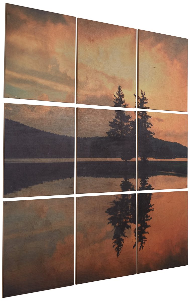 Amazon Brand – Stone & Beam Modern 9-Piece Photo Mural of Lakeside Sunset Wall Art on Wood, 48" x 48"
