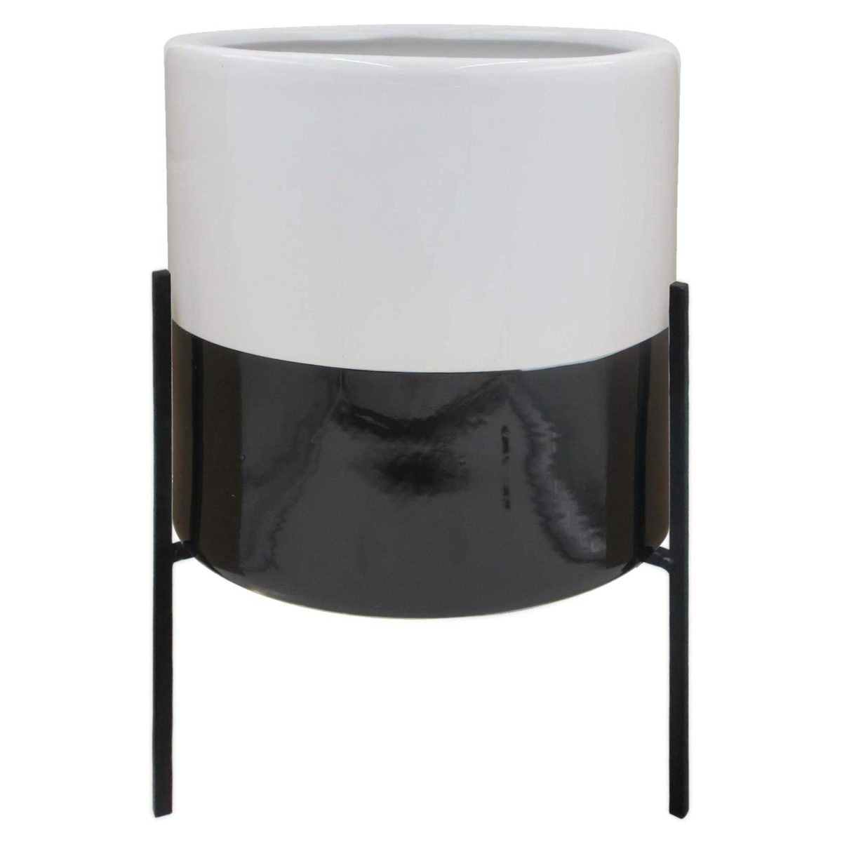 Rivet Amazon Brand Mid-Century Ceramic Planter with Iron Stand, 18.9" H, Black and White