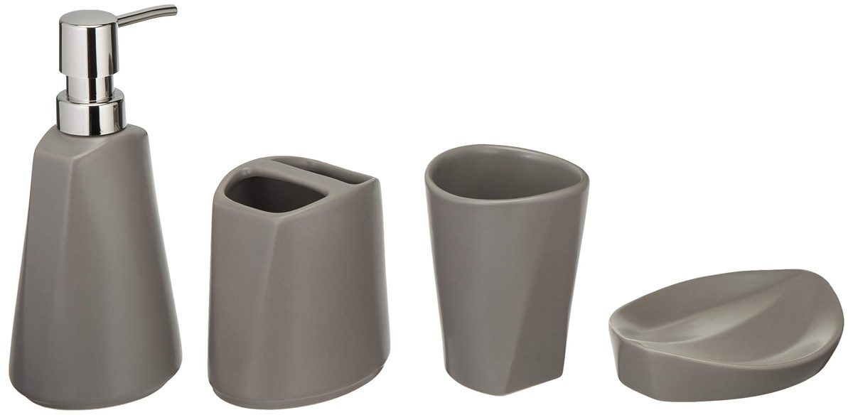AmazonBasics 4-Piece Ceramic Bathroom Accessory Set - Grey