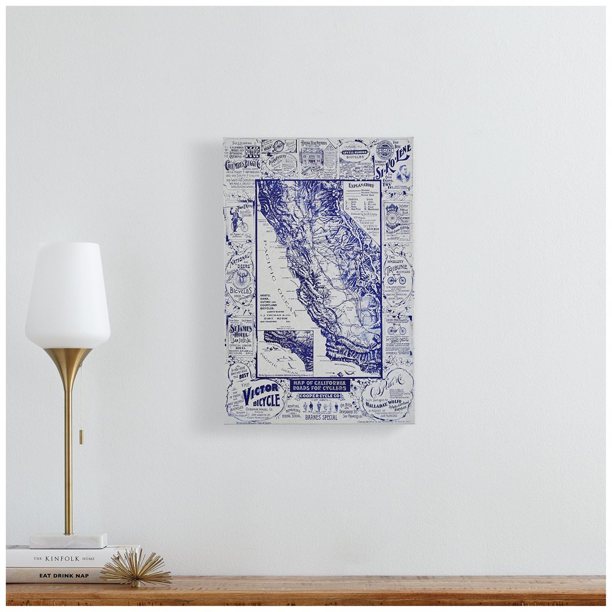 Amazon Brand – Rivet Blue 1897 Map of California Roads for Cyclers Canvas Print Wall Art, 16" x 24"