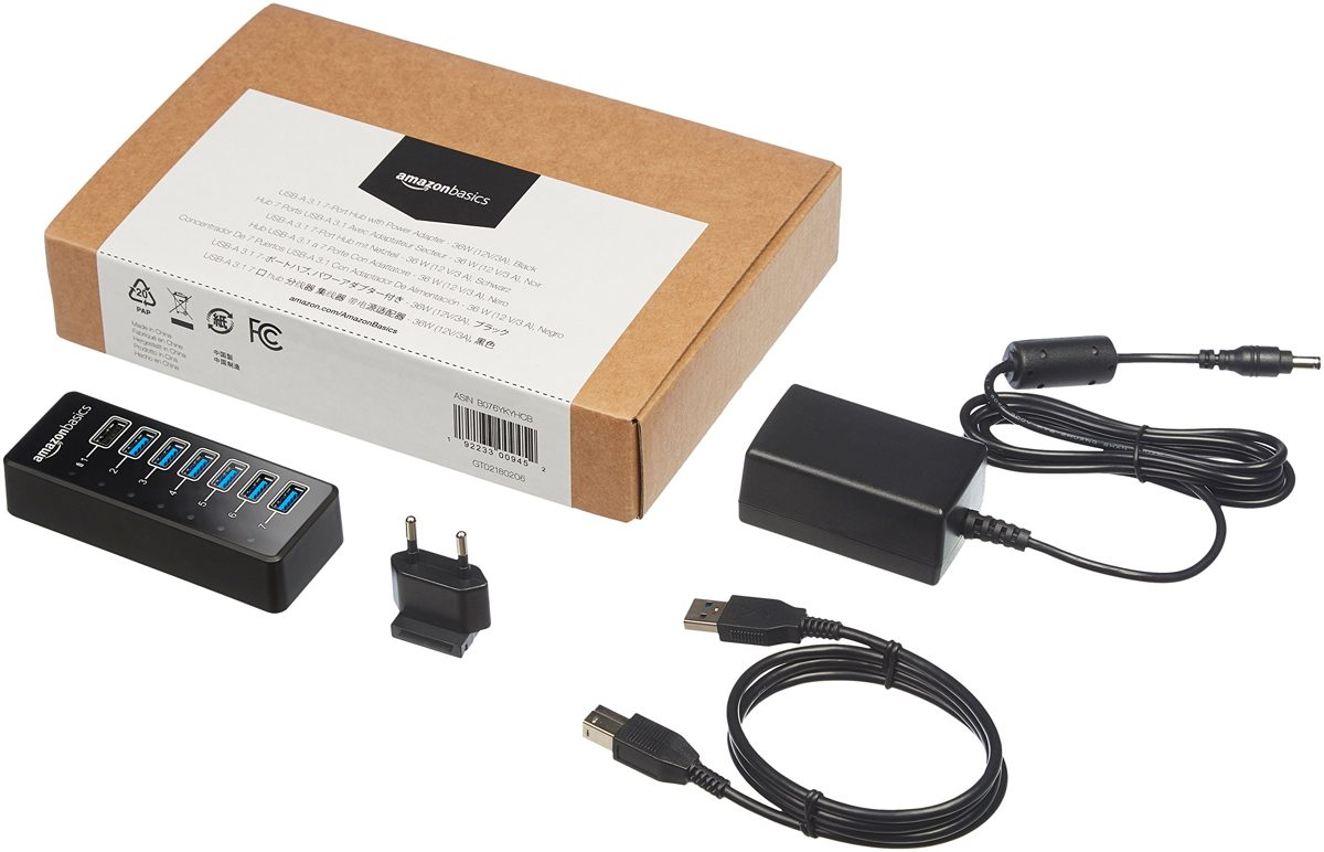 AmazonBasics USB-A 3.1 7-Port Hub with Power Adapter - 36W (12V/3A), Black, EU