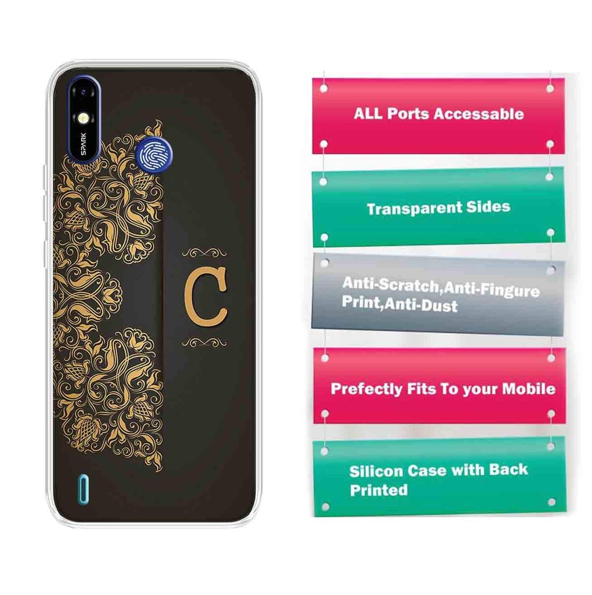 Amazon Brand - Solimo Designer Multicolor Black Pattern Alphabet-C Printed Soft Back Case Mobile Cover for Tecno Spark Go Plus