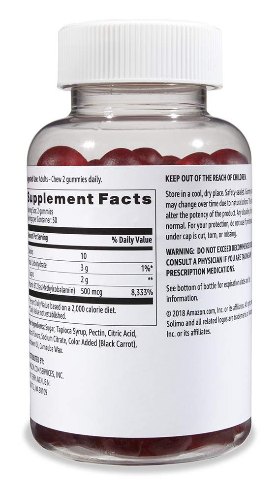 Amazon Brand - Solimo Vitamin D3, 1000 IU, 150 Gummies, Over a 2 Month Supply & Solimo Vitamin B12, 500 mcg, 100 Gummies (2 Gummies per Serving)