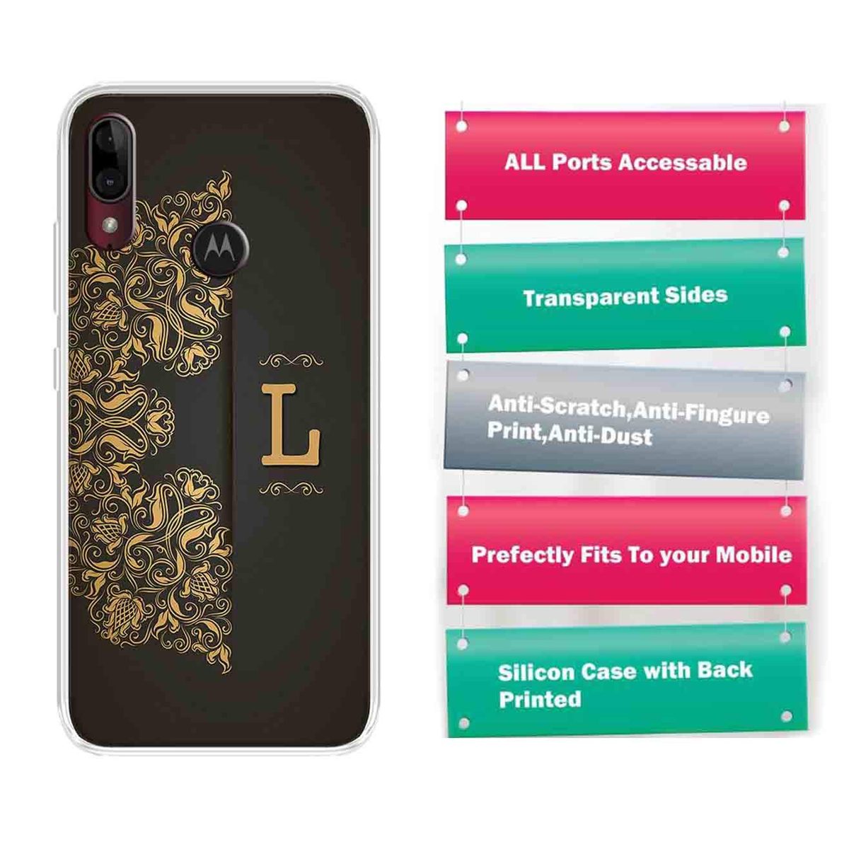 Amazon Brand - Solimo Designer Multicolor Black Pattern Alphabet-L Printed Soft Back Case Mobile Cover for Motorola Moto E6s / Motorola Moto E6 Plus