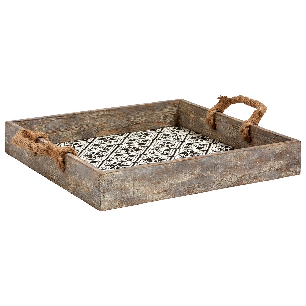 Amazon Brand – Stone & Beam Rustic Farmhouse Wood Serving Tray With Patterned Rattan and Rope Handles - 13.5 x 13.5 Inches, Black and White