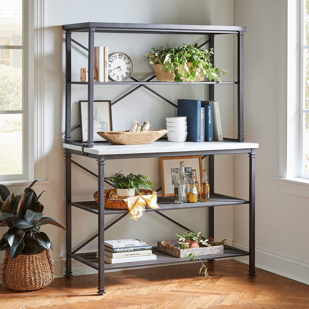 Amazon Brand – Stone & Beam Amber Metal Buffet Table Kitchen Storage Rack, 47.5"W, White, Carrera Marble, Black Metal
