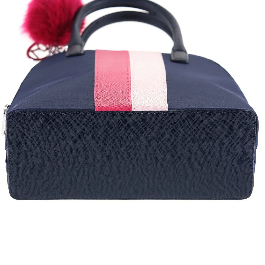The Lovely Tote Co. Women's Contrast-Stripe Nylon Top Handle Bowler with Faux-Fur Pom Charm,