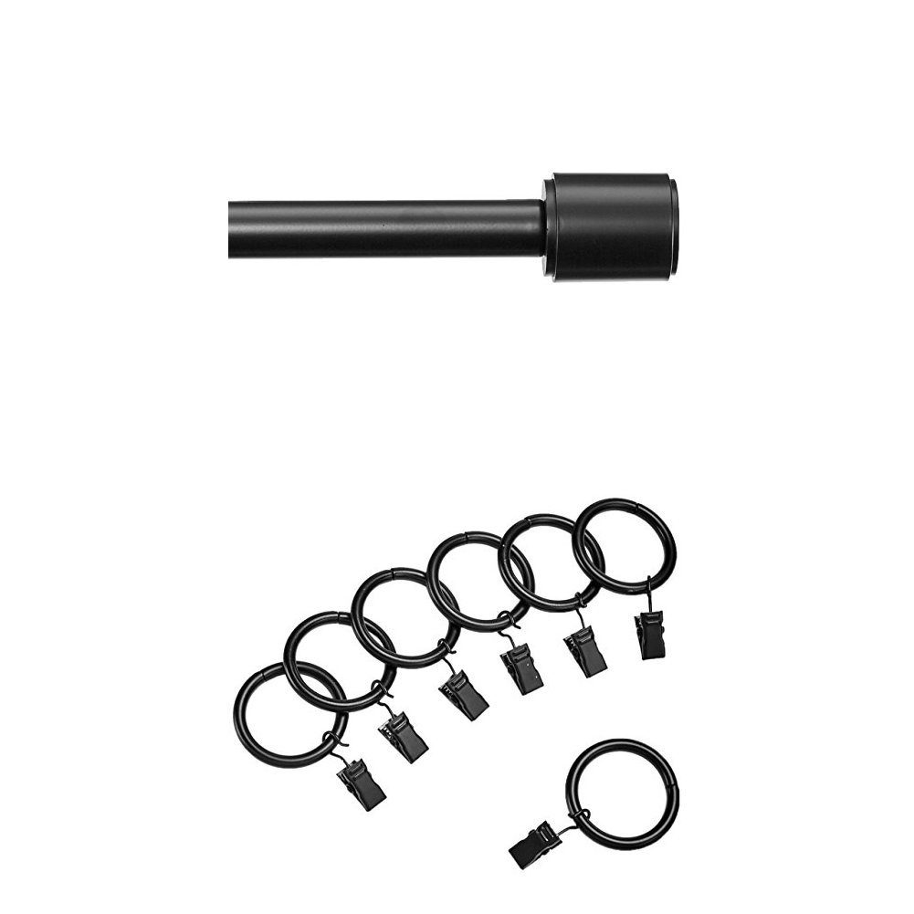 AmazonBasics 1" Curtain Rod with Cap Finials, 36" to 72" and AmazonBasics 1" Curtain Clip Ring, Set of 7, Black