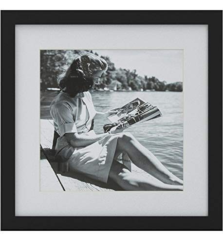 Amazon Brand – Stone & Beam Black and White Reading by the Water Photo Wall Art Decor - 18" x 18" Picture Frame, Black
