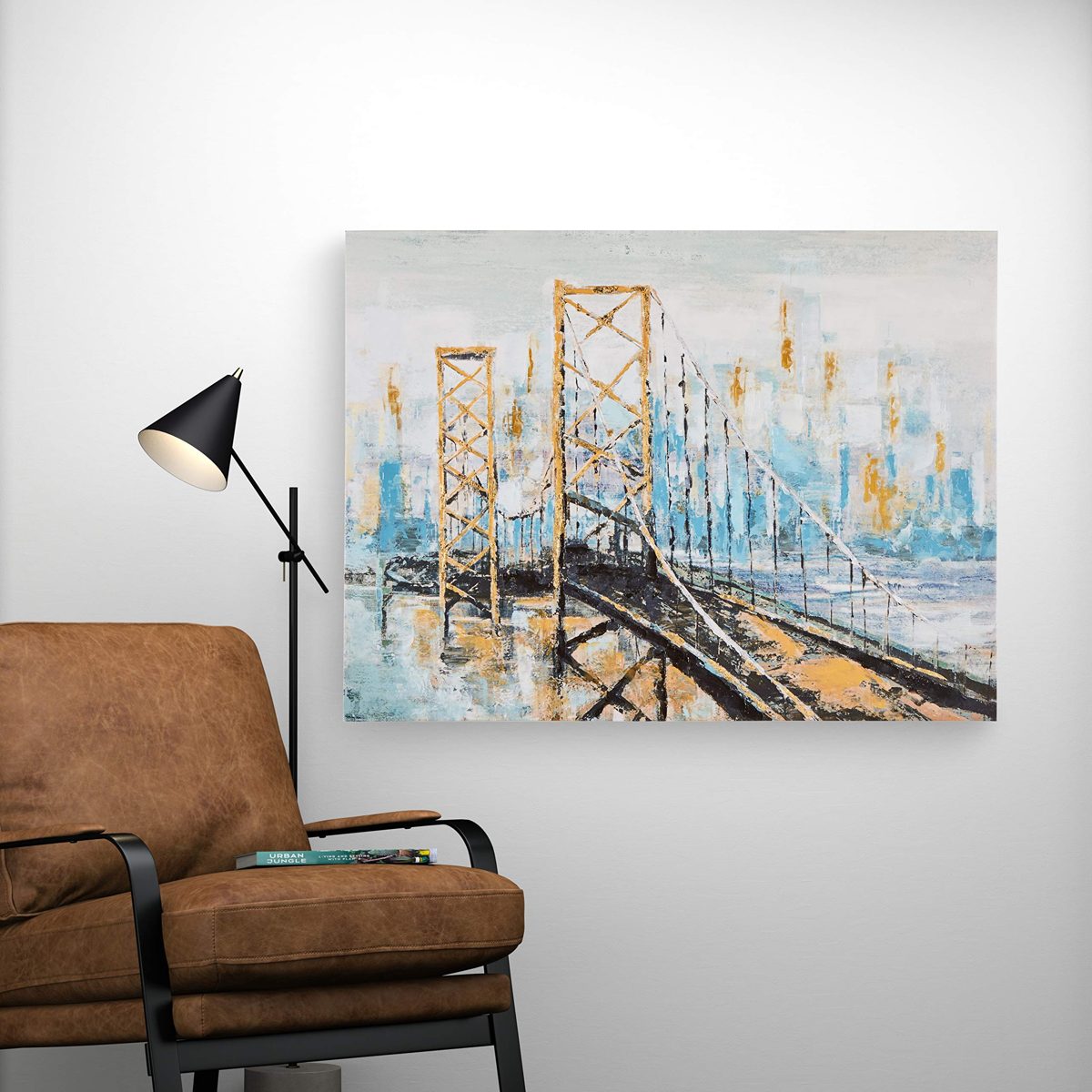 Amazon Brand – Rivet Contemporary Bridge Print with Gold Leaf Wall Art Decor on Canvas - 30 x 40 Inch, Blue and Gold