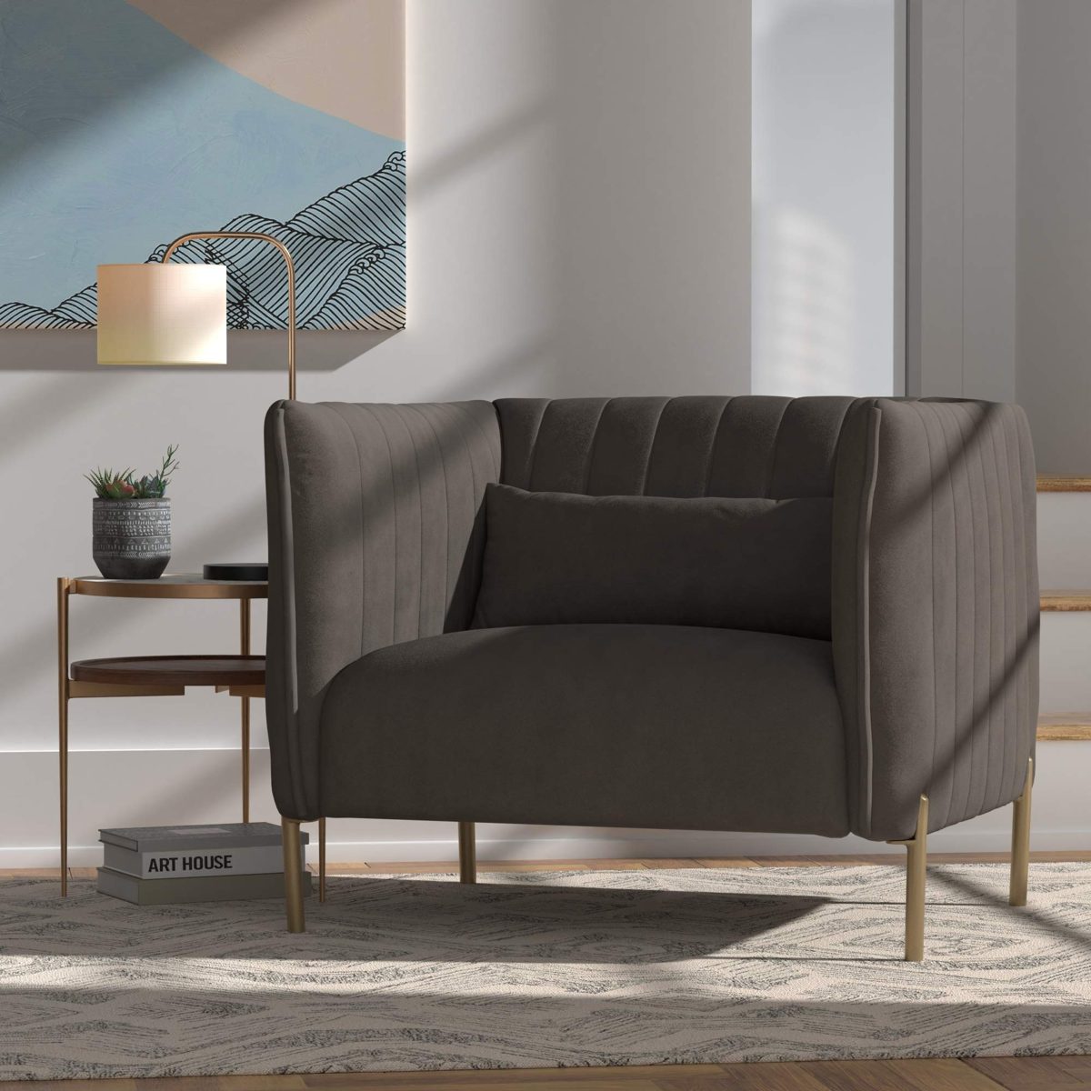 Amazon Brand – Rivet Frederick Mid-Century Modern Tufted Velvet Living Room Chair, 38"W, Grey