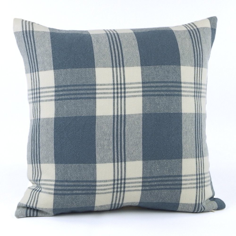 Chloe & Olive French Bistro Blue Collection Stripe and Plaid Reversible Pillow Cover, 18-Inch, Blue and Cream